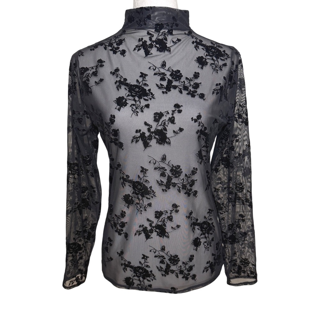 Abercrombie Fitch Velvet Flocked Floral Mesh Mock Neck Sheer Top Goth Witchy M
